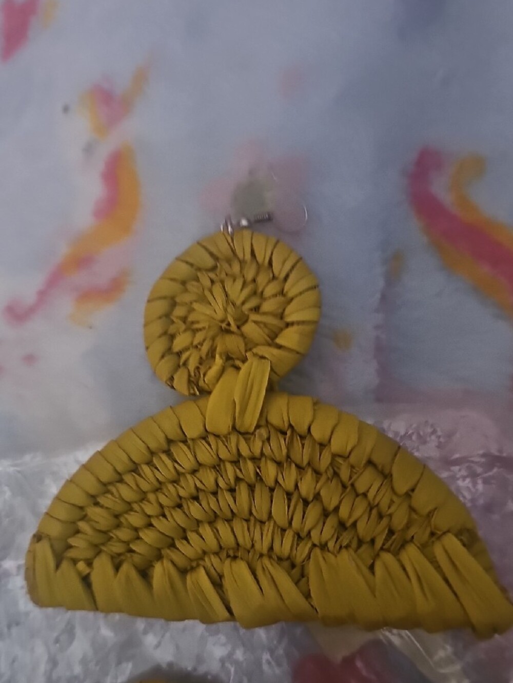 Handwoven Yellow Raffia Fan Drop Earrings - Picture 4 of 4